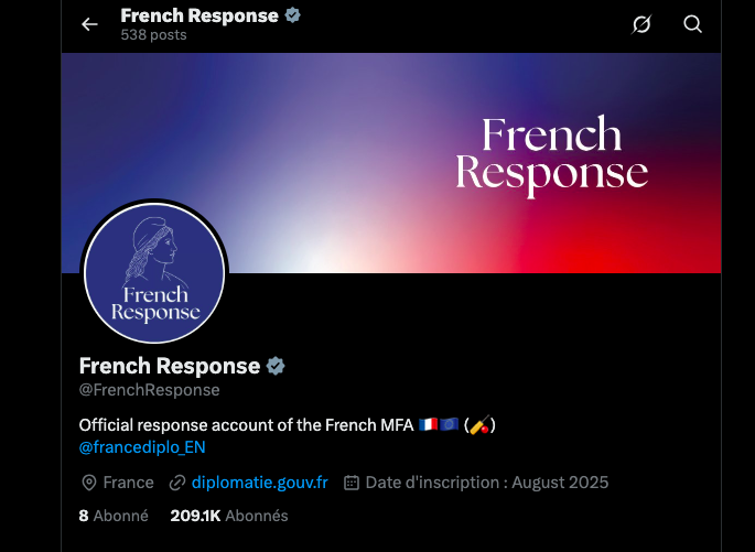 Publication du compte officiel French Response sur le réseau social X (ex-Twitter). Capture d'écran (2026) — Exception de courte citation.